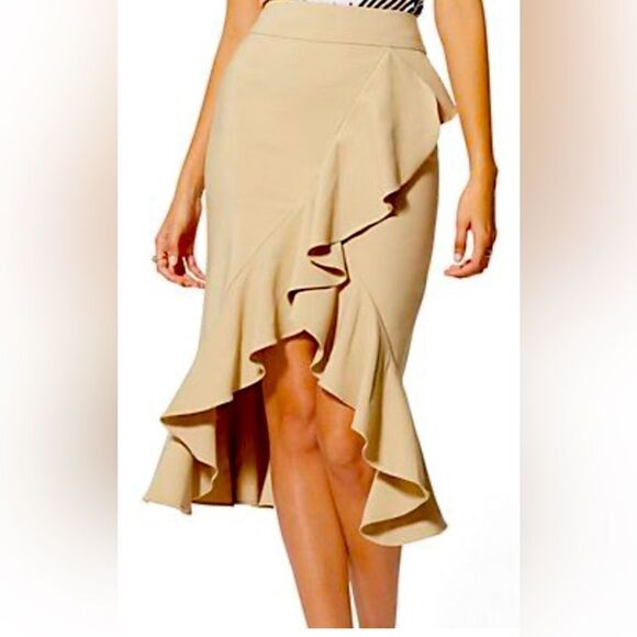 Expressss Skirt Sz 8 Light Pink Slimming Ruffle Front Side Zipper Midi New Silky - Picture 8 of 8